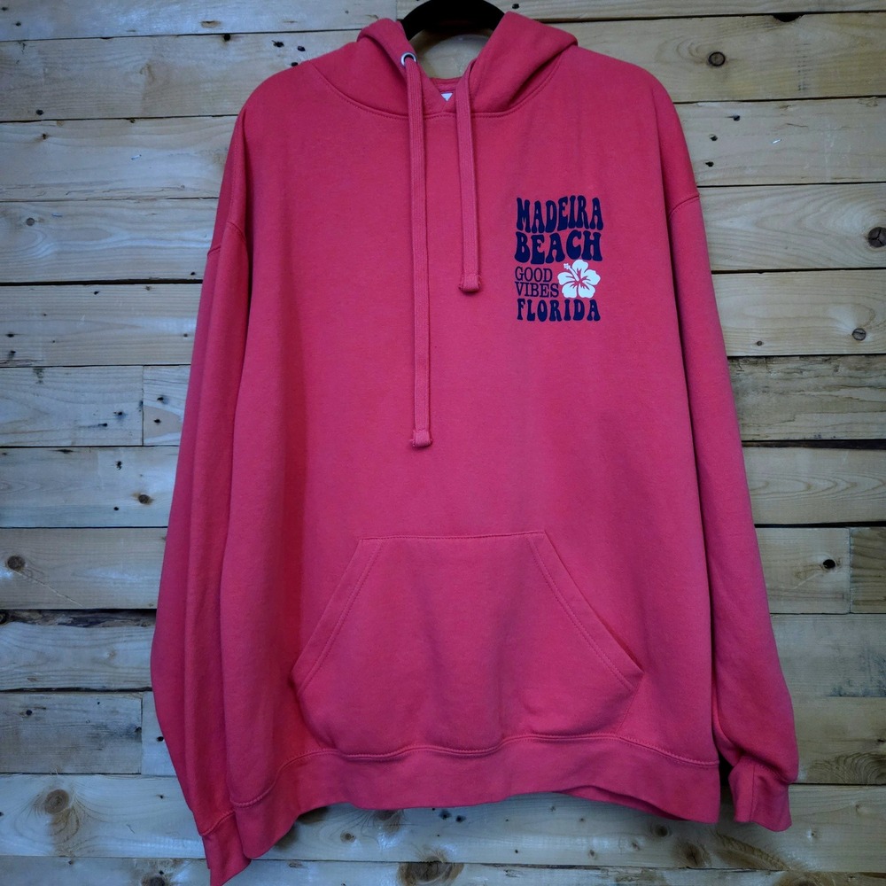 Pacific & Co Madeira Beach Florida Good Vibes Hoodie Coral Pink XL Men's Unisex‎